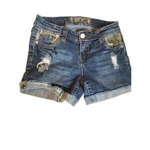 Truce jean Shorts Distressed embellished Camo Rhinestone Y2K low rise stretch 5